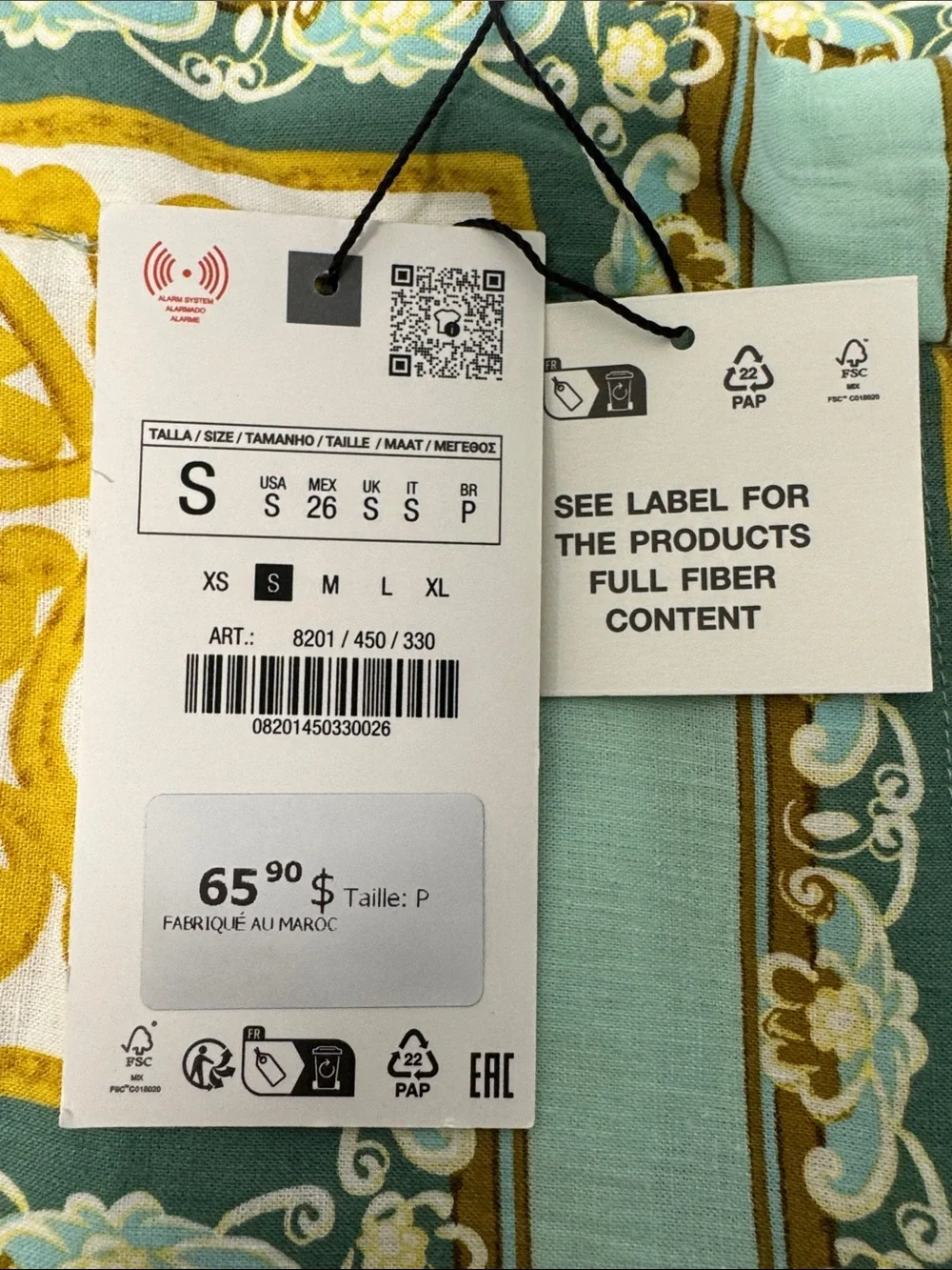 Zara Yellow & Mint Baroque Print Linen Blend Wide Leg Trousers Size Small